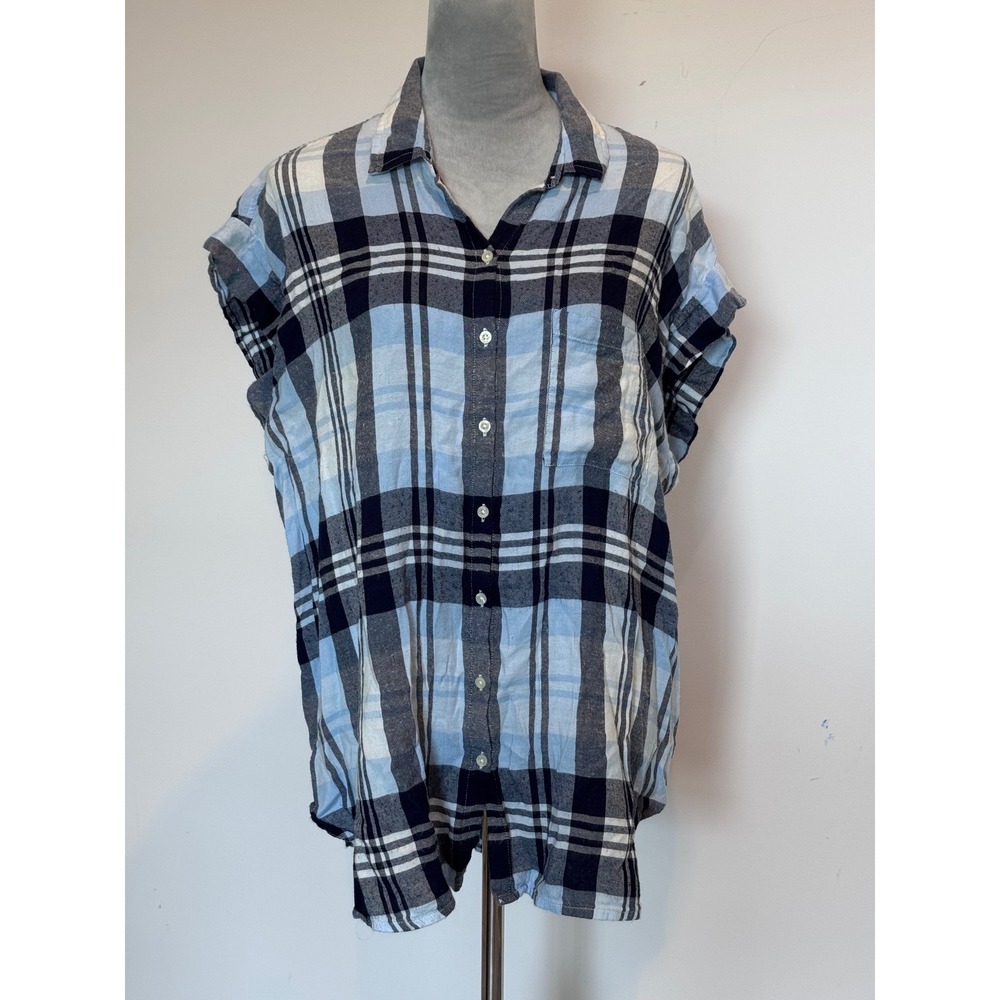 Aerie Blue Plaid Sleeveless Button Down Shirt XL Relaxed Fit High Low Hem